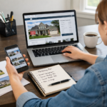 Real estate agent using laptop and marketing tools to promote property listings