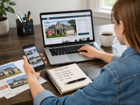 Real estate agent using laptop and marketing tools to promote property listings