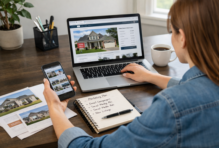 Real estate agent using laptop and marketing tools to promote property listings