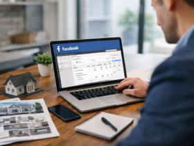 Real estate agent reviewing Facebook Ads dashboard on laptop to generate property leads