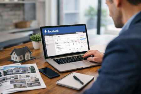 Real estate agent reviewing Facebook Ads dashboard on laptop to generate property leads
