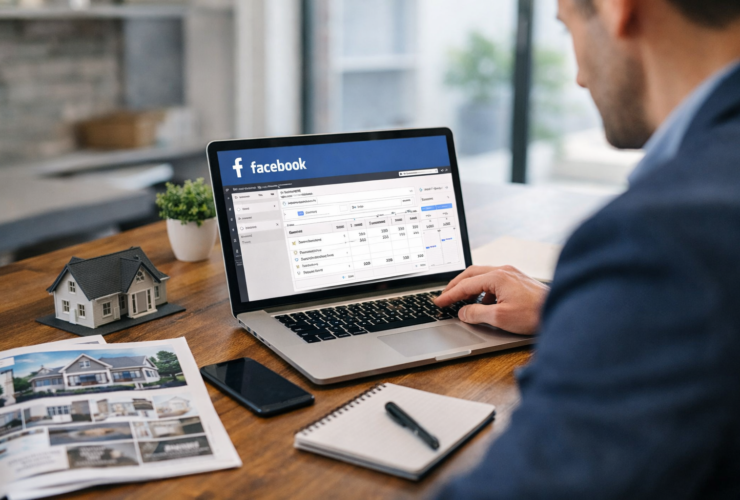 Real estate agent reviewing Facebook Ads dashboard on laptop to generate property leads