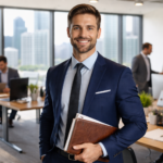 Professional businessman standing in a modern office representing careers in real estate investment trusts