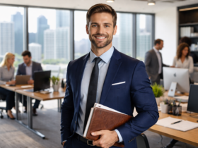 Professional businessman standing in a modern office representing careers in real estate investment trusts