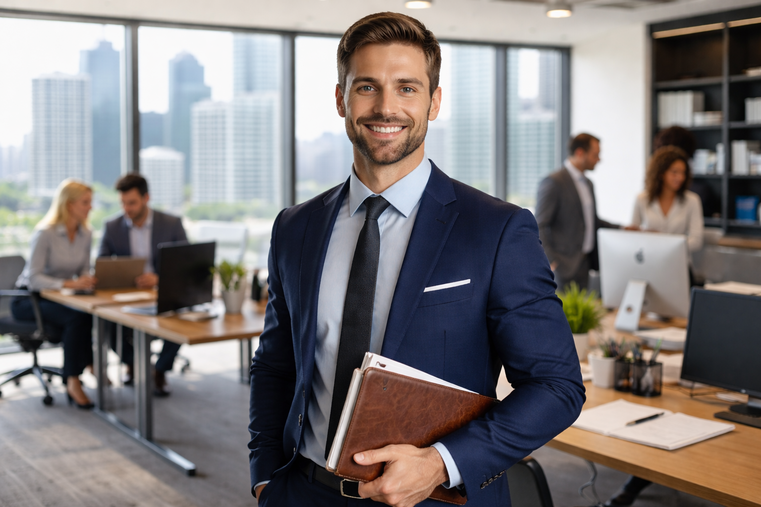 Professional businessman standing in a modern office representing careers in real estate investment trusts