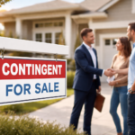 Contingent sign on a house for sale with real estate agent shaking hands with buyers