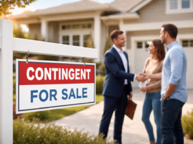 Contingent sign on a house for sale with real estate agent shaking hands with buyers