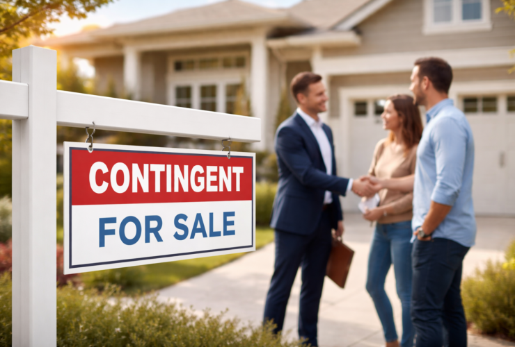 Contingent sign on a house for sale with real estate agent shaking hands with buyers