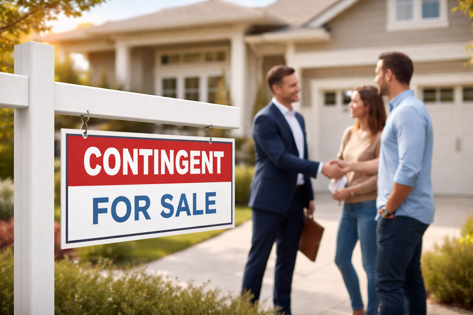 Contingent sign on a house for sale with real estate agent shaking hands with buyers
